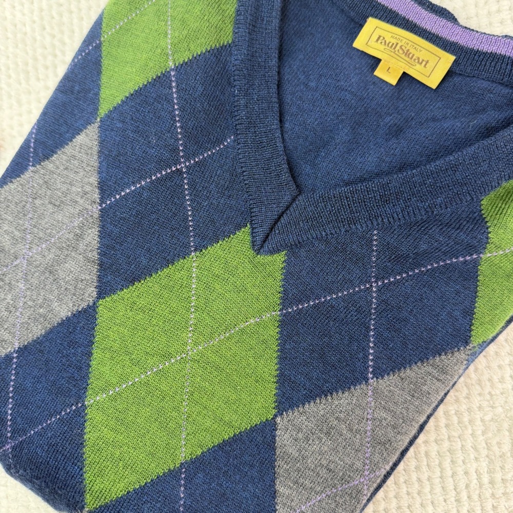 Vintage Paul Stuart Italy Extrafine Merino Wool Argyle V-Neck Sweater Blue L